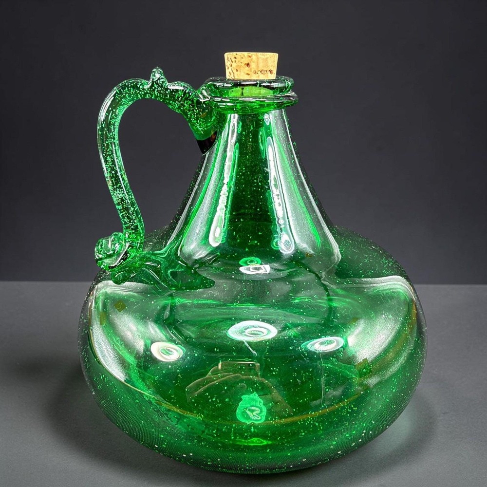 Emerald Green Seeded Blown Glass Decanter with Cork Stopper and Handle 6in